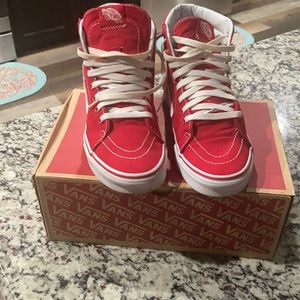 Red & Whits High Top Vans